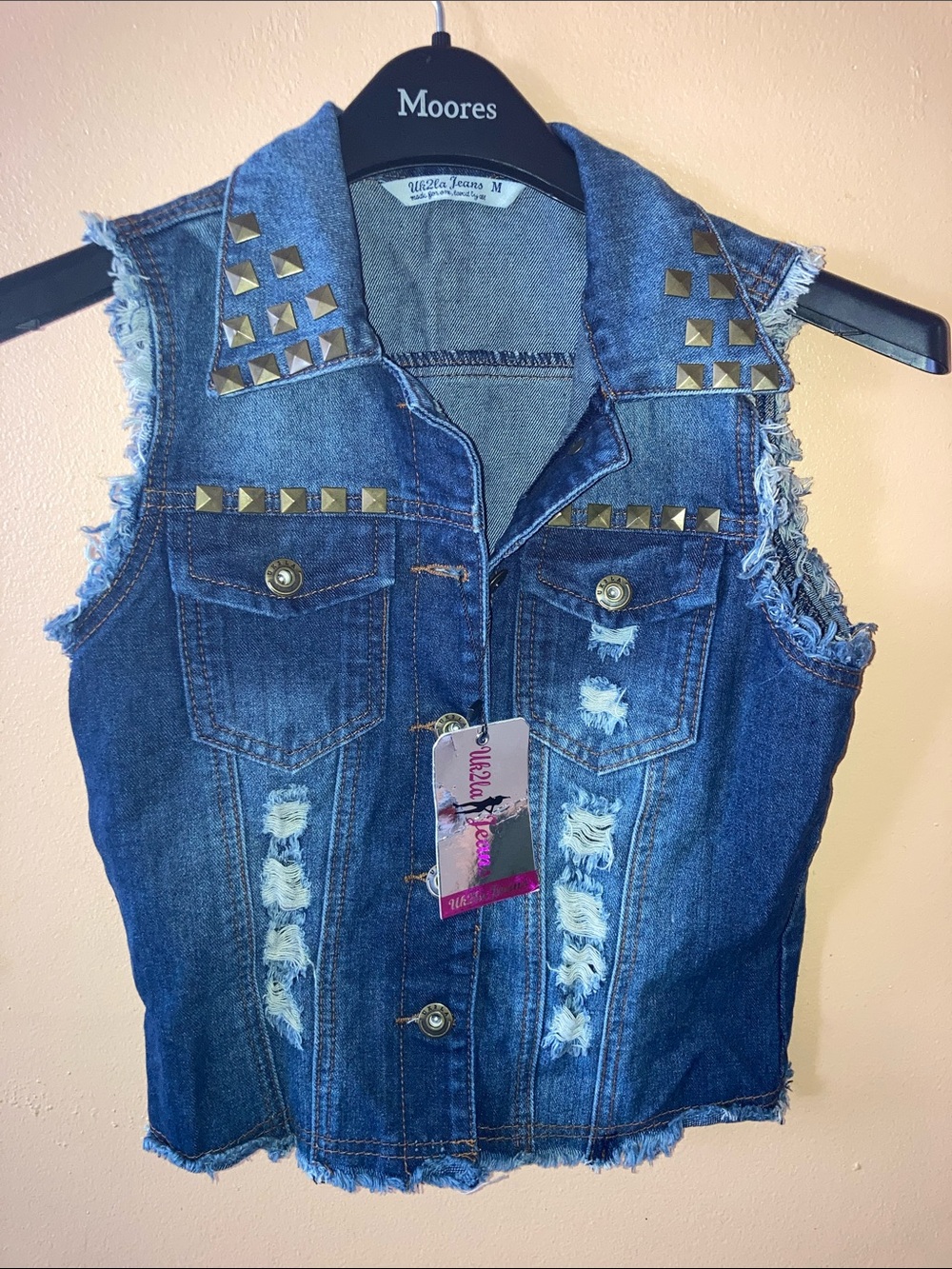 UK2LA new with tags Distressed Studded Blue Denim Vest